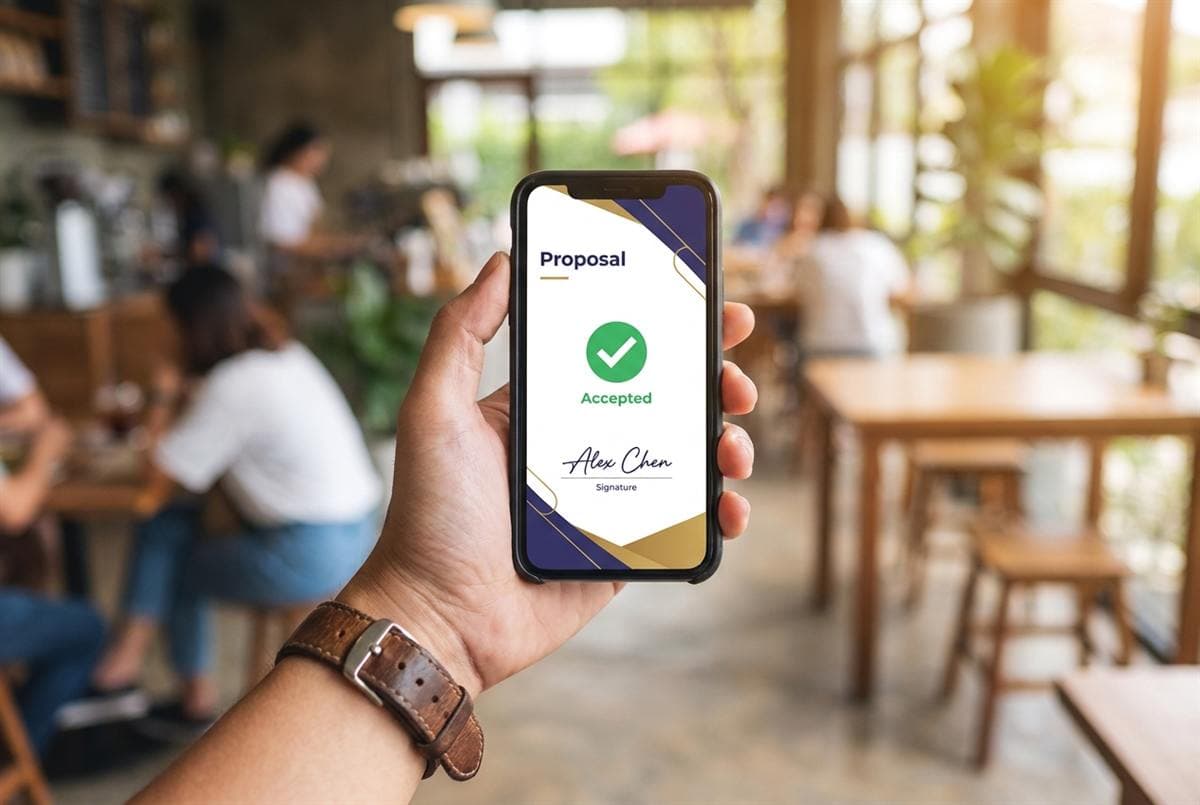 A client accepting and signing a proposal on their phone in a cafe — a green Accepted check and a signature.