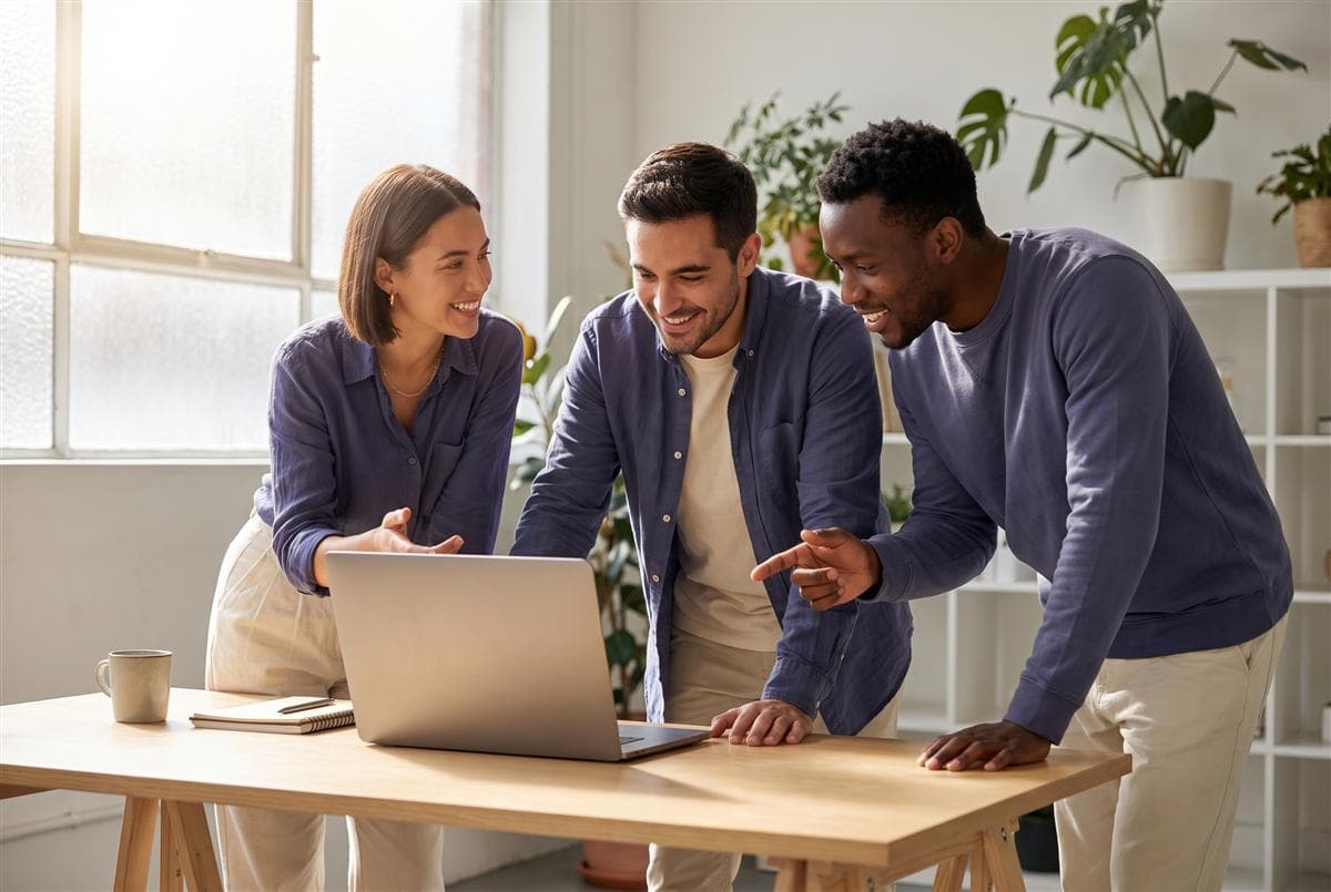 Three people at an agency reviewing a client proposal together on a laptop.