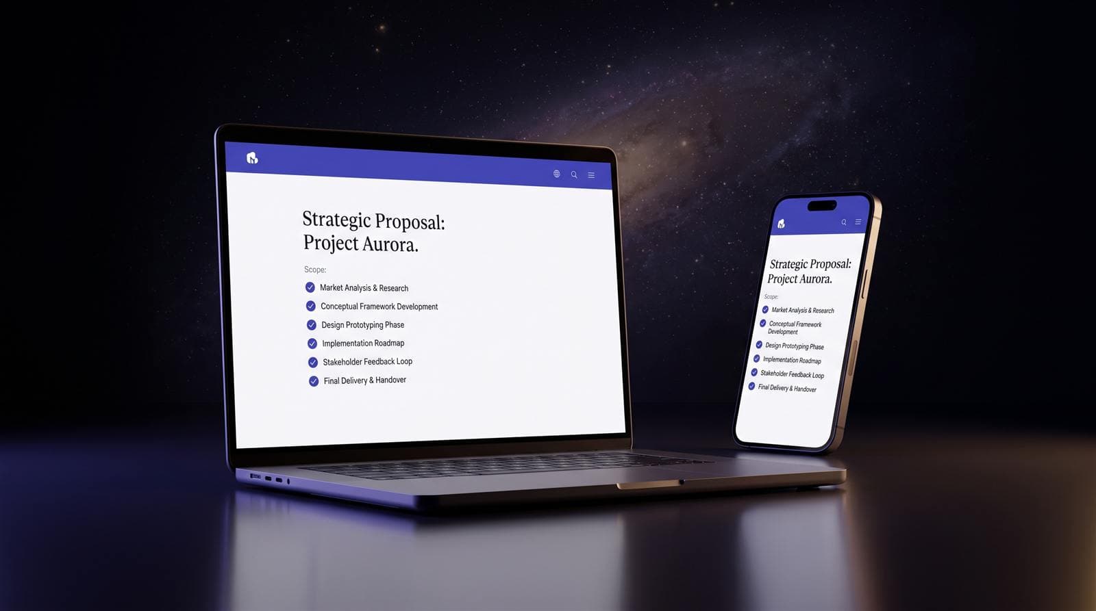 A Proposly proposal open on a laptop and a phone — indigo header bar, serif project title, and a checklist of scope items.